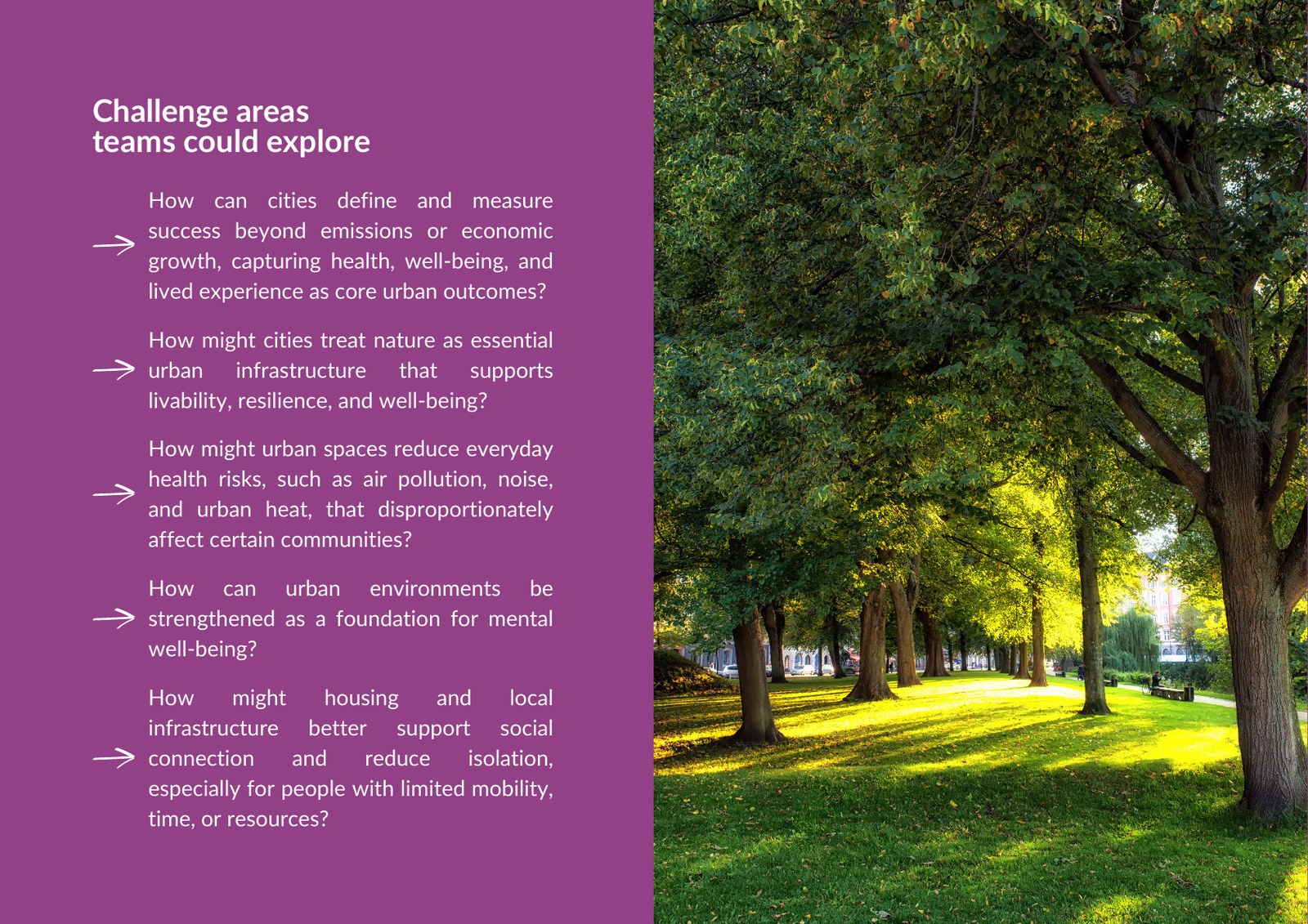 UNLEASH challenge areas slide about health, well-being, nature, urban heat, and social connection